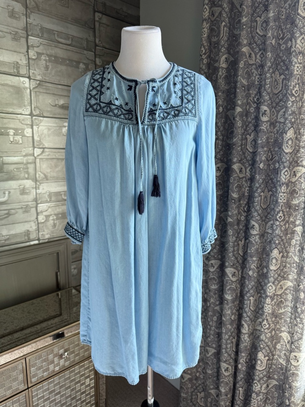 H&M Light Blue Boho Tunic Dress with Navy Embroidery
